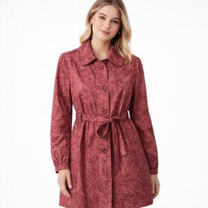 Garnet Hill PINK FLORAL PRINT TRENCH COAT Women's Size 12 ROSES JACKET Pockets